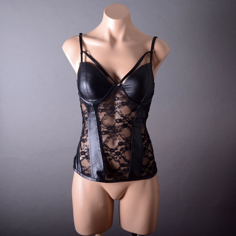 Black Clubwear Party Evening Faux Leather Spaghetti Strap Lace Top Vest S M L